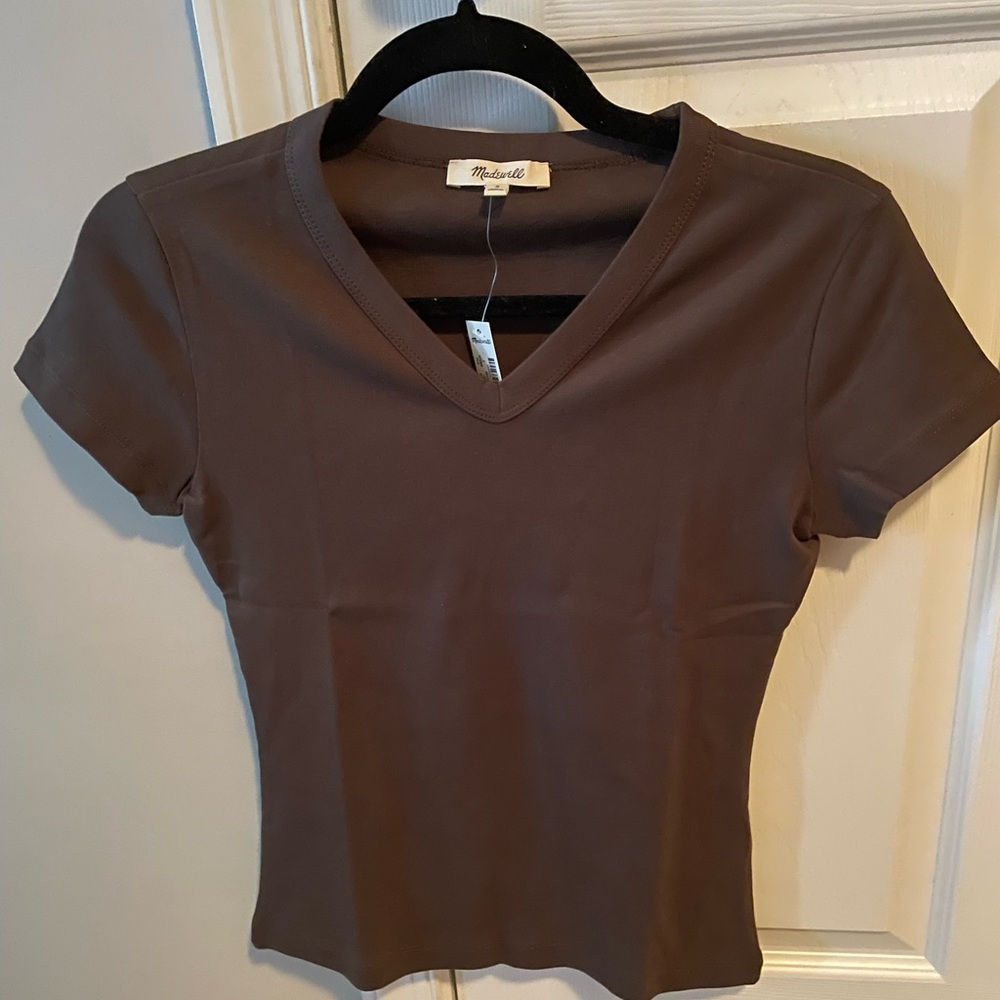 New Madewell '90s V-Neck Baby Tee Compact Cotton Roasted Chicory Brown Women’s S